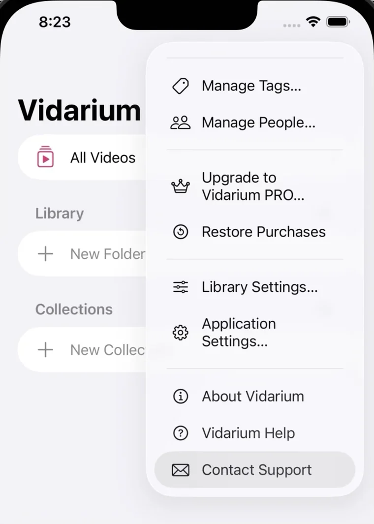 Contact Support in Vidarium on IOS