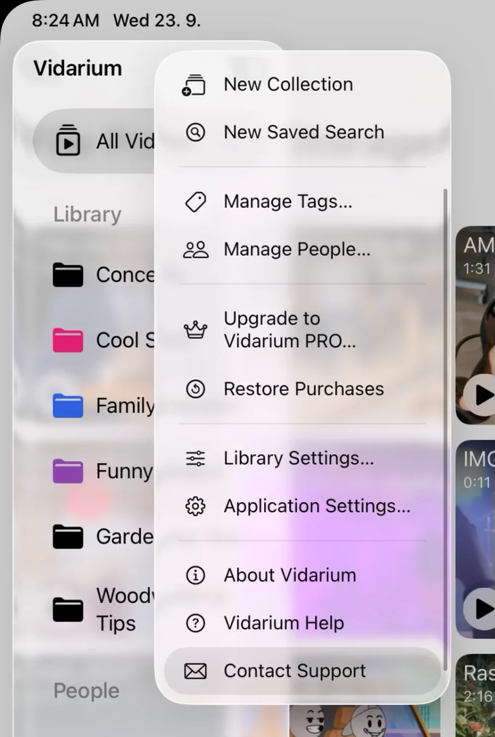 Contact Support in Vidarium on IPADOS